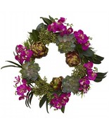 Nearly Natural 20&quot; Orchid, Artichoke and Succulent Wreath C210615 - $84.10