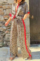 Multicolor Leopard Print Color Block Short Sleeve Shirt and Pants Set - $678.79 MXN