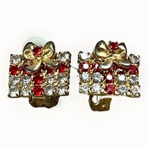 VTG CLIP ON CHRISTMAS Gift w/ Bow Clear &amp; Red Rhinestones Gold Tone EARR... - $10.36