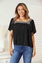 Double Take Contrast Square Neck Puff Sleeve Blouse - £25.74 GBP