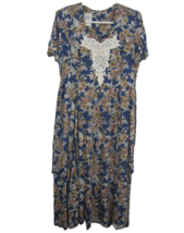 Bentley vtg Womens long dress cottagecore floral print lace bib rayon sz 12 blue - £30.92 GBP