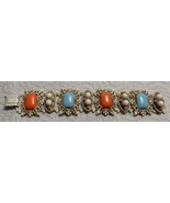 Faux Coral &amp; Turquoise Painted White Metal Link Bracelet - £7.82 GBP
