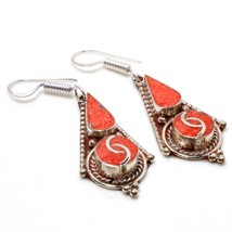 Red Coral Handmade Bohemian New Year Gift Jewelry Earrings Nepali 2.30&quot; SA 3027 - £6.20 GBP