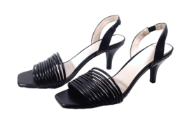 Womens High Heel Black Sandal Size 6.5 H HALSTON Vegan Leather Slingback Strappy - £31.62 GBP