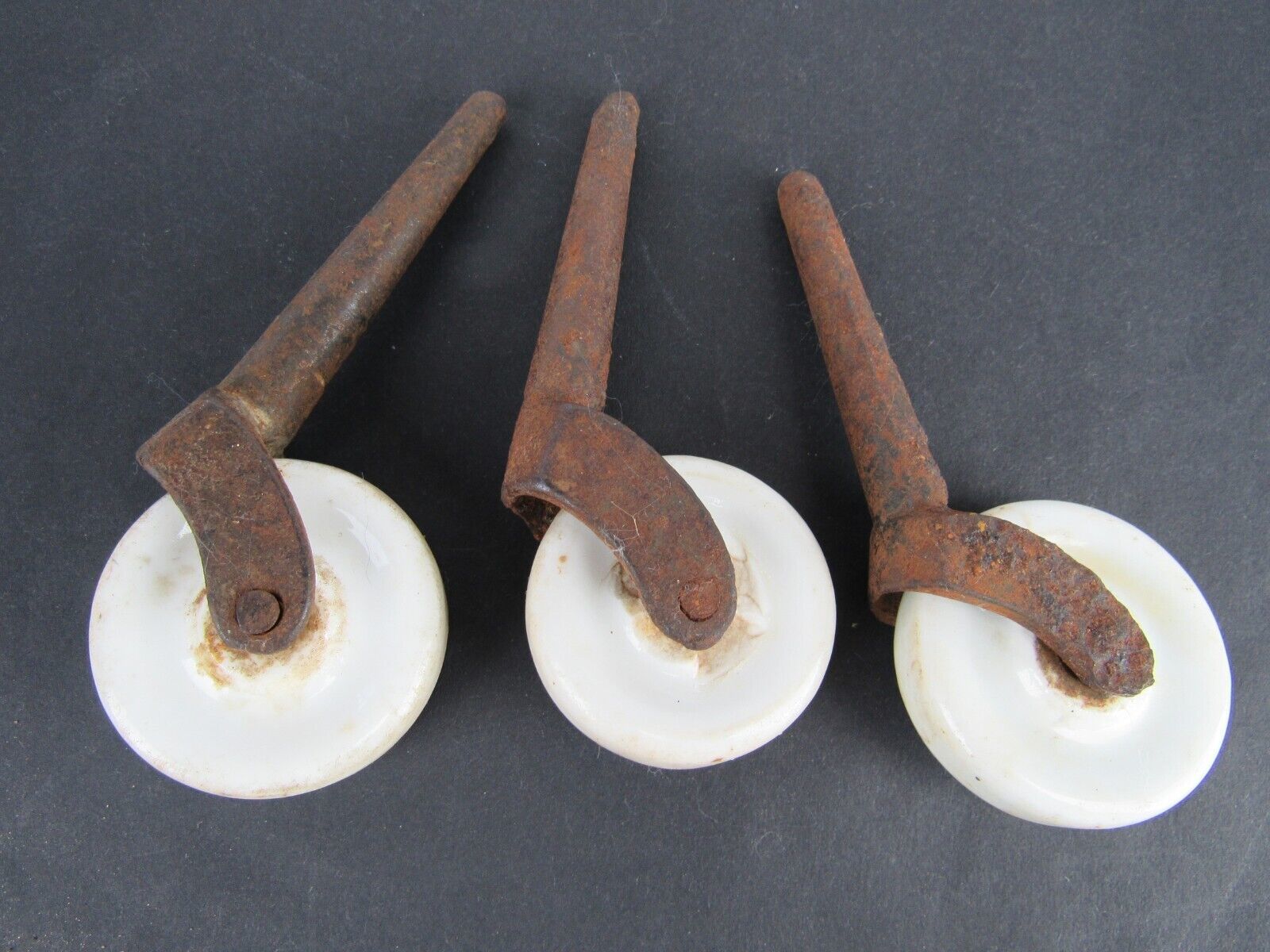 3 Antique Vintage White PORCELAIN &amp; IRON Caster Wheels Furniture Rollers - $17.89