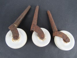 3 Antique Vintage White PORCELAIN &amp; IRON Caster Wheels Furniture Rollers - £13.16 GBP