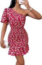 KIRUNDO Women&#39;s One Shoulder Red Floral Print Bodycon Mini Dress - Size: L - £12.27 GBP