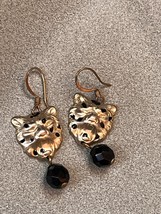Small Lightweight Goldtone Bobcat Head w Black Bead Dangle Earrings for Pierced - £7.55 GBP