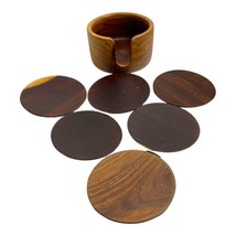 Olive Wood Carved Handmade Stained Wood Coaster Set Of Six With Holder Vintage - £29.41 GBP