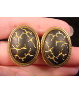 (EE-238-C) Black + gold egg shaped crackle Czech glass oval clip on earr... - $23.36