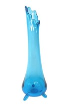 MID-CENTURY 12” Le Smith Peacock Blue Glass 3-TOED Footed Swung Vase Mcm - £79.02 GBP