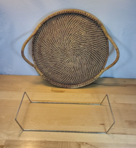 Pampered Chef Woven Selections 17&quot; Round Tray Wicker Rattan Wood For Piz... - $39.99