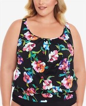 Swim Solutions Shirred Neck Blouson Underwire Tankini Top, MULTI, 18W - £33.39 GBP