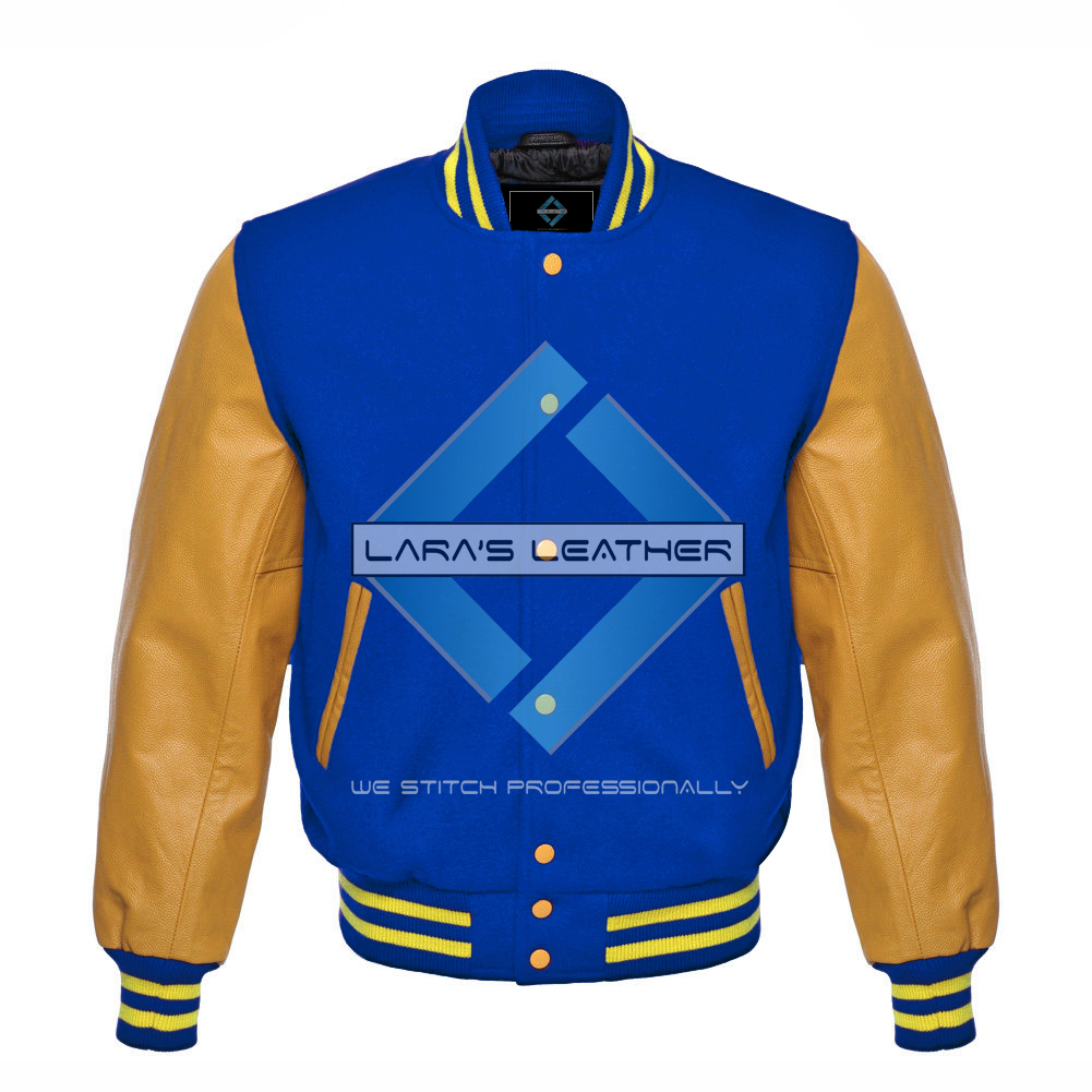 Royal blue Varsity  Letterman Wool Jacket with  Real Leather Sleeves