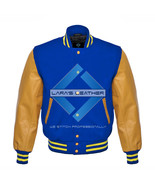 Royal blue Varsity  Letterman Wool Jacket with  Real Leather Sleeves - £73.06 GBP