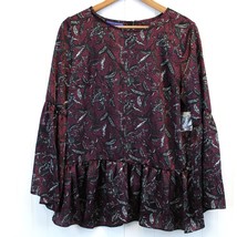 NEW Simply Styled Womens M Satin Ruffle Blouse Bell Sleeve Potent Purple Leaf  - £17.53 GBP