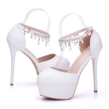 Woman White Wedding Shoes High Heel Round Toe Platform Ankle Pumps Bridal Prom D - £41.42 GBP
