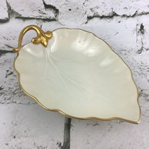 VINTAGE Lenox Ivory Leaf Shaped Candy Nut Dish Hand Decorated W/ 24K Gold Trim - £12.44 GBP