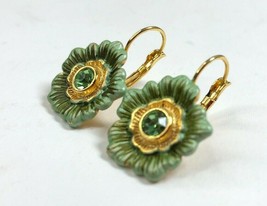 Earrings Flower Made with Swarovski Crystal Enamel Light Green Centers Pierced - $29.91