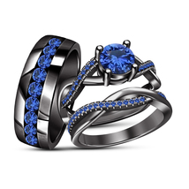 14K Black Gold Fn Wedding Blue Sapphire Trio His Her Bridal Engagement Ring Set - £111.64 GBP