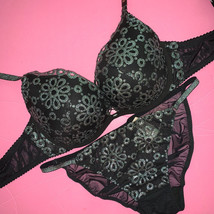 NWT Victoria&#39;s Secret 36C BRA SET L string panty BLACK silver embroidered eyelet - £79.12 GBP