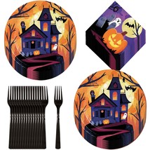 Halloween Party Haunted Mansion Orange Night Sky Paper Dinner Plates, Lunch Napk - £13.65 GBP