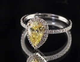 1.28 Pear Shape Lab Created Fancy Yellow Diamond Engagement Ring 18k White Gold - £5,538.56 GBP