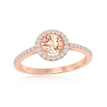 Rose Gold Plated Sterling Silver Round Morganite and Clear Bordered CZ Ring - £35.23 GBP