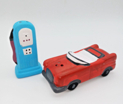 Red Convertible Car Blue Gas Pump Retro Salt and Pepper Shakers Set - NOB - £12.60 GBP