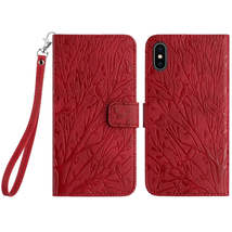 For iPhone XS Max Tree Birds Embossed Pattern Leather Phone Case(Red) - £3.94 GBP