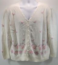Bonnie Evans Woman Embroidered Cardigan Button White Floral Knit Sweater... - $11.87