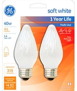 2 GE Soft WHITE Decorative LIGHT BULB 40w E26 Flame Tip 75342 40FM/W/CF2... - £18.61 GBP