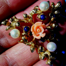 Coral Pearls Lapis Brooch Floral Design Deco Solid 14k Gold Pin 11.4 grams - £939.65 GBP