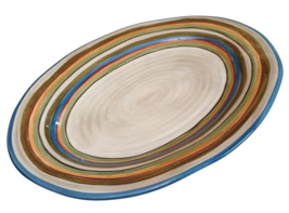 LOS COLORES by Tabletops Unlimited Oval Plater 16&quot; Cream Multicolor Bands - $39.55