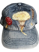 Women&#39;s Washed Cotton Twill Baseball Hat Blue Denim w/handpainted mushrooms - $19.04