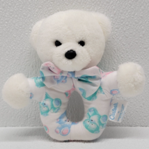 Vintage Carter&#39;s Bear Handheld Ring Rattle Baby Plush Toy 6&quot; White Blue ... - $18.01