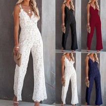 Solid Lace Sleeveless High Waist V-Neck Wide Leg Jumpsuit - £43.92 GBP