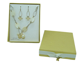 NEW Genuine Mother Of Pearl Earring &amp; Necklace 2 Piece Set with Box Gold Tone  - £15.13 GBP