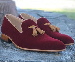 Burgundy Suede Leather Tassels Loafer Slip On Plain Toe Reliable Luxury Shoes - £127.09 GBP
