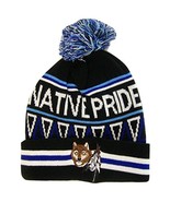 Native Pride Wolf With Feathers Cuffed Knit Winter Hat Pom Beanie (Black) - $20.44 CAD