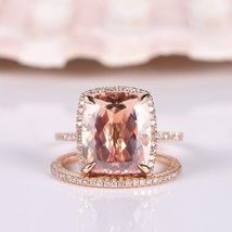 ushion morganite engagement ring Set half eternity Sim diamond 14K Rose Gold Fn - £64.66 GBP