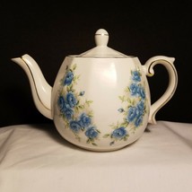Ellgreave Woods and Son&#39;s Teapot BLUE ROSES w Silver Accent England VFC - £23.42 GBP