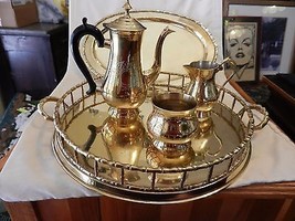 5 Piece Polished Brass Tea Set from India, 2 trays, Tea Pot, Sugar Creamer  - £199.83 GBP