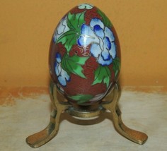 Cloisonné Egg 2.5&quot; Stand Cloisonne Floral Brown Blue Enamel Brass China ... - $17.09