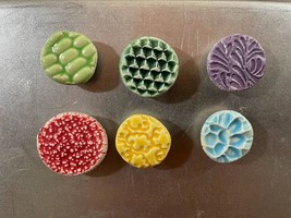 Lot of 6 Textured Clay Pottery Circles Dots Refrigerator Magnets Purple Green - £9.32 GBP