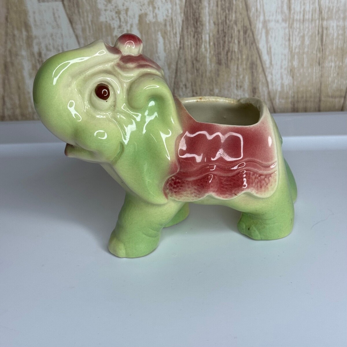 Vintage Ceramic Elephant Planter Pot Green Pink Retro Kitsch Decor - $19.99