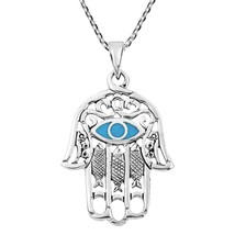 Hamsa Hand with Evil Eye Blue Turquoise Inlaid Sterling Silver Necklace - £21.66 GBP