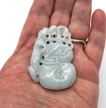 Large Hand Carved &amp; Pierced Jade Double Gourd &amp; Ruyi Pendant Amulet Pale Blue - £159.66 GBP