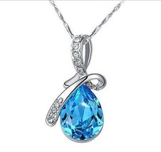 Women 925 Sterling Silver Element Blue Crystal Water Drop Pendant - $8.96