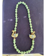 Green Jadeite Jade  Pendant Necklace Carved Jade Beads with TWO Ducks Un... - $163.35